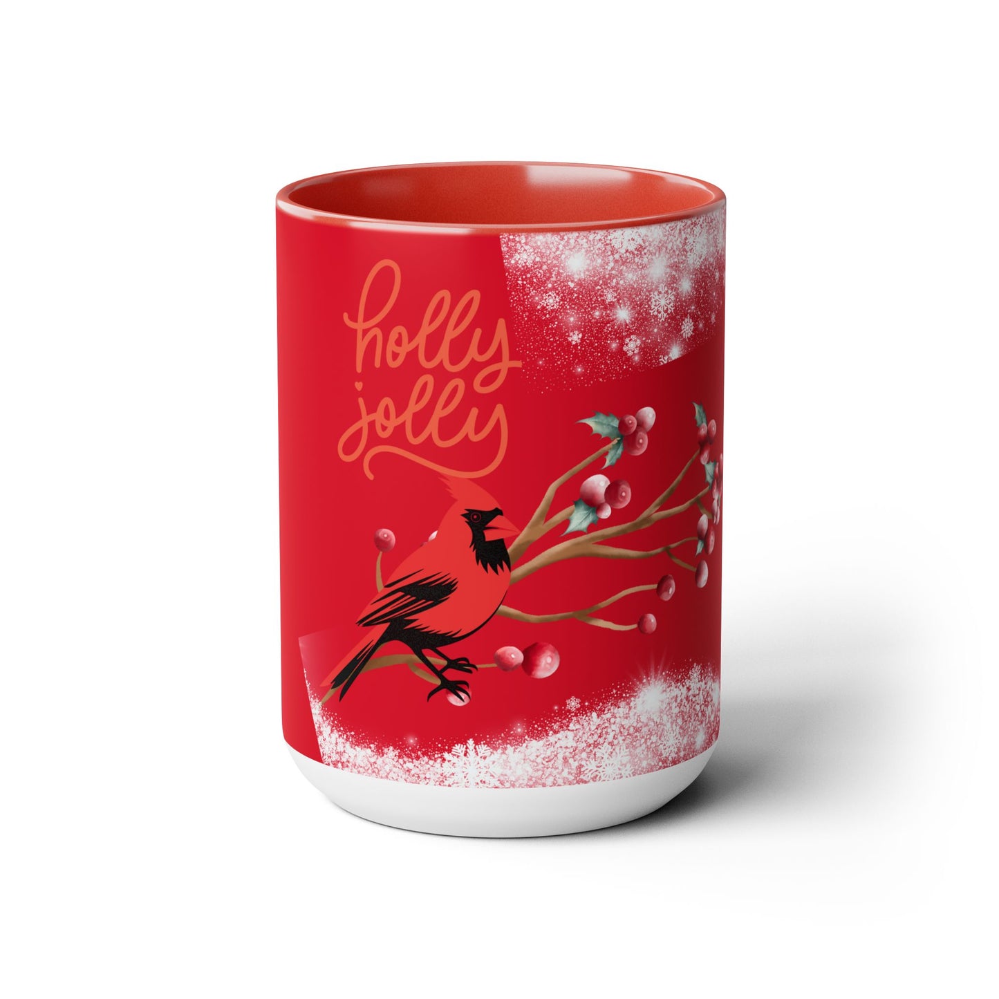 Coffee Mugs Two Toned 15oz, Holly Jolly Gift Coffee Tea Mug, Christmas Coffee Mug, Faith Gift, Inspirational Quote Gift Holiday Mug Cardinal