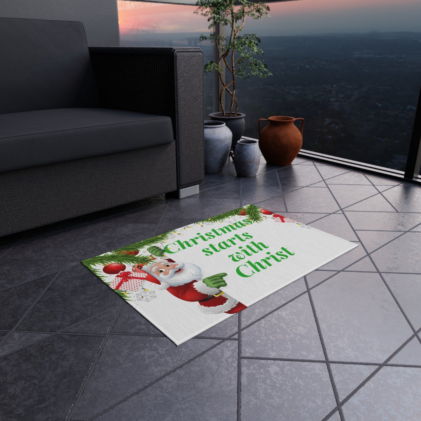 Outdoor Rug Mat, Front Door Welcome Mat Rug, Christmas Starts With Christ Rug Porch Mat, Holiday Home Decor